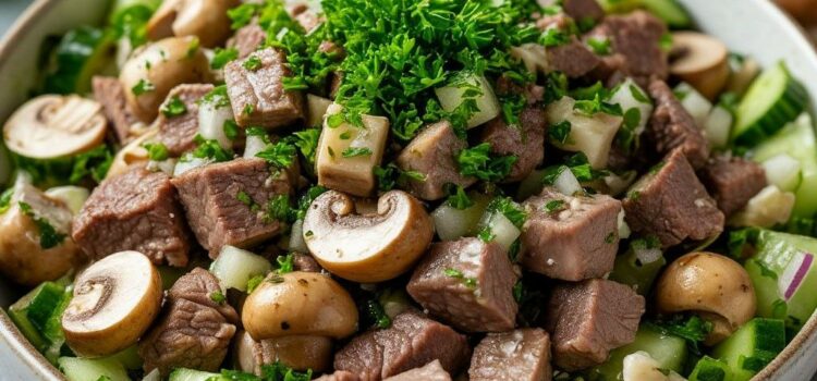 Salade avec langue, concombres et champignons